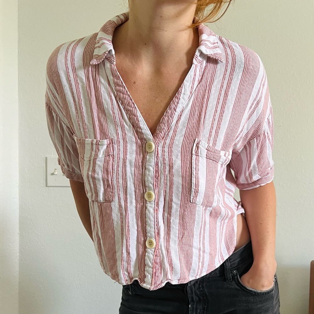 Moa Moa Red and White Stripe Lightweight Button Up Shirt